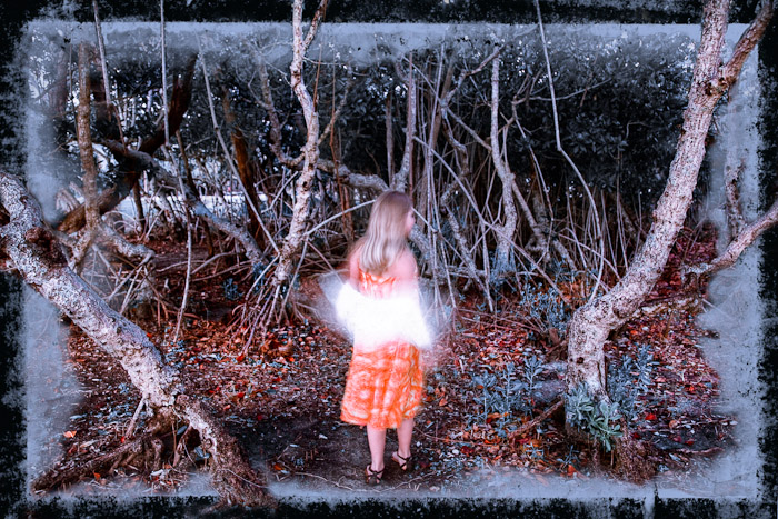 Figure seen from behind in an orange dress among mangrove trees