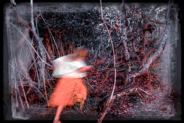 Motion blurred figure in an orange dress moving between mangrove branches