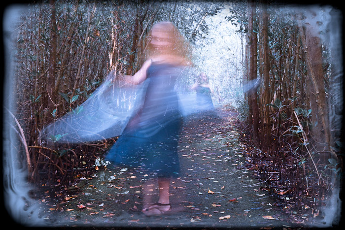 Blurred figure in blue with flowing fabric on a mangrove path