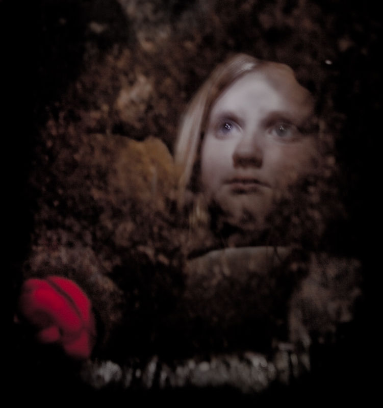 Eric’s daughter partly visible through dark layers, with a red petal below