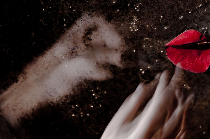 A face and hand appearing beside a red petal through a textured surface